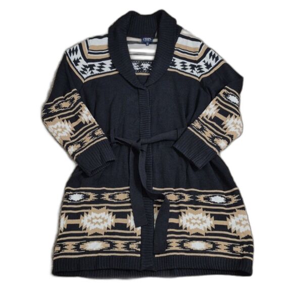 Chaps Longline Belted Cardigan Sweater 1X Southwestern Aztec Black Tan Boho - Picture 1 of 12